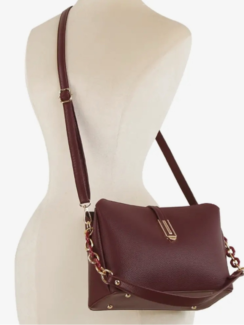 Women's Burgundy Shoulder Bag - Classic Structured Satchel - Picture 2 of 3